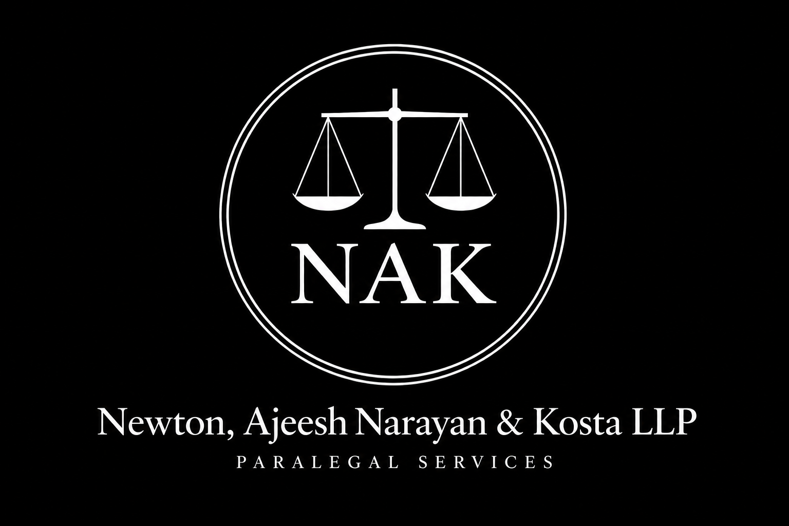 NAK scales of justice logo for Newton, Ajeesh Narayan & Kosta LLP